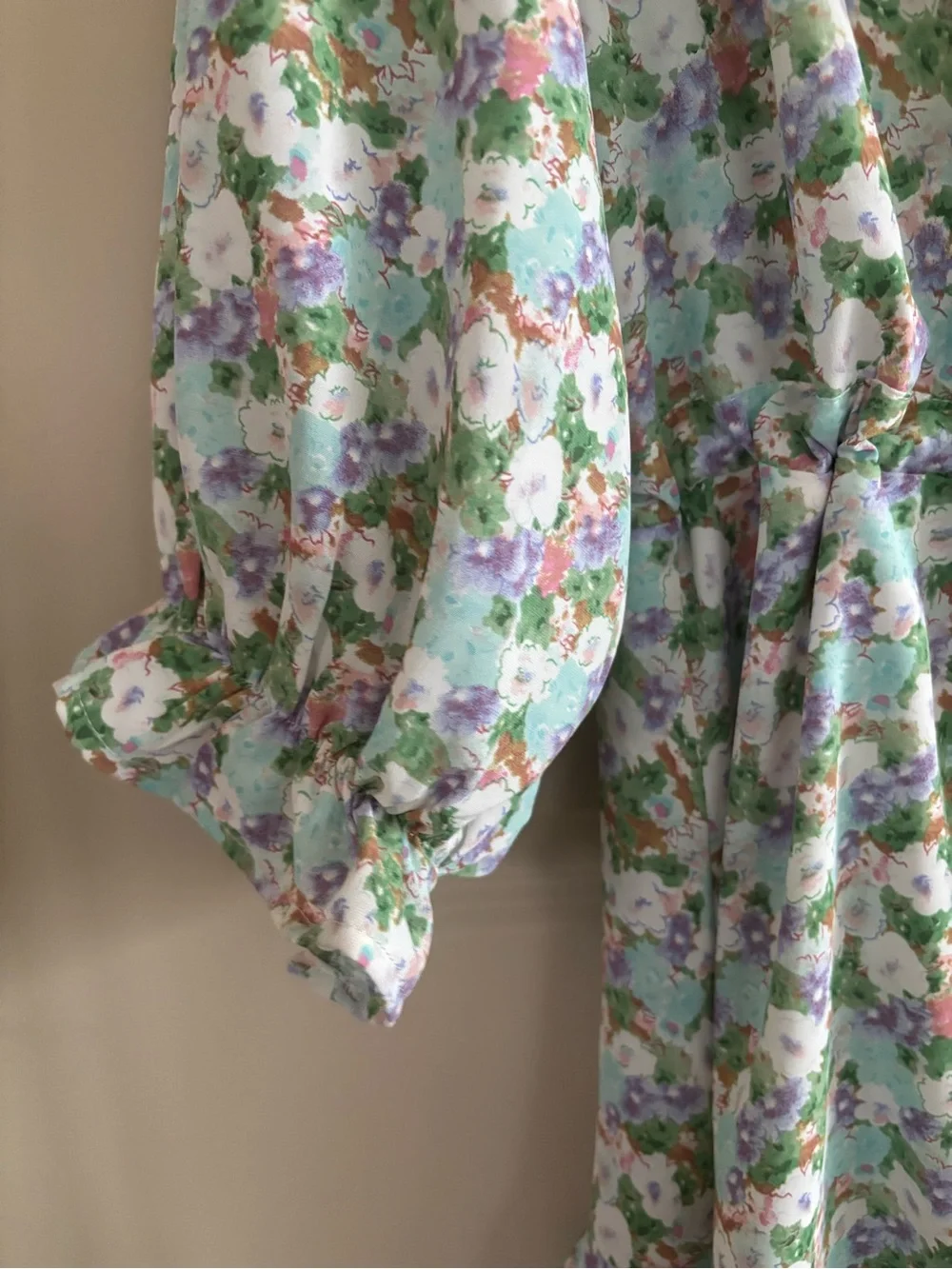 entro Pastel Floral Ruffle Tie-Waist Mini Dress in Green, Lavender, Pink